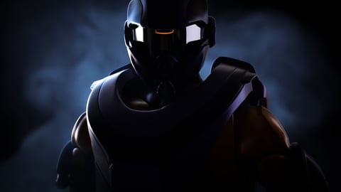 A warrior, a futuristic soldier in armor against a background of smoke.