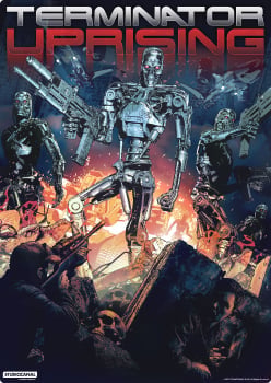 Terminator Uprising movie poster featuring armored robots and soldiers amid explosions and fire