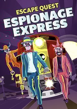 Escape Quest Espionage Express game cover showing cartoon spy characters in retro style exiting a red train car