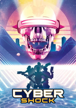 Cyber Shock poster featuring a neon glowing skull with a headband, silhouetted soldiers below, and futuristic digital aesthetic
