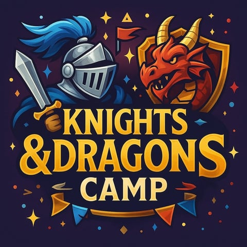 Knights and Dragons Camp logo featuring a blue-haired knight in armor and a red dragon with gold text and decorative stars on dark background