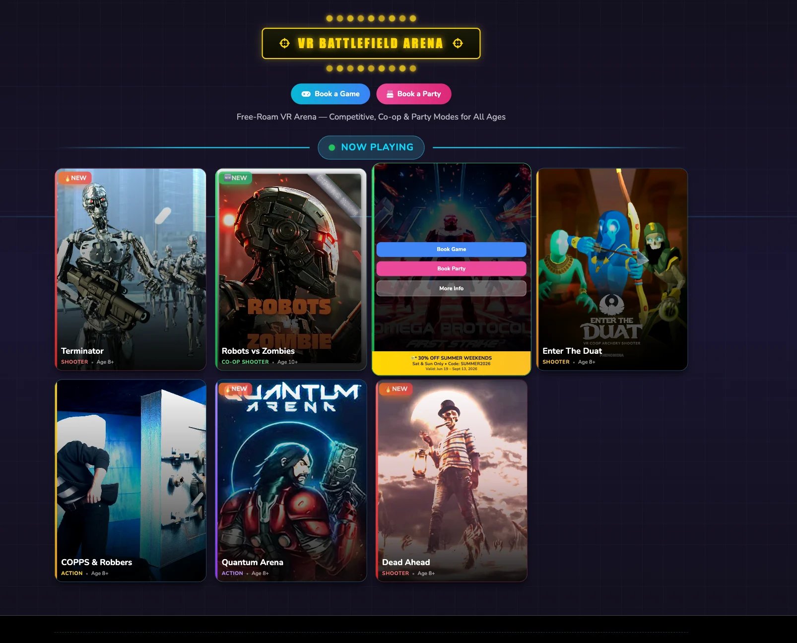 VR Battlefield Arena streaming interface showing sci-fi and action game movies with play button and filter options