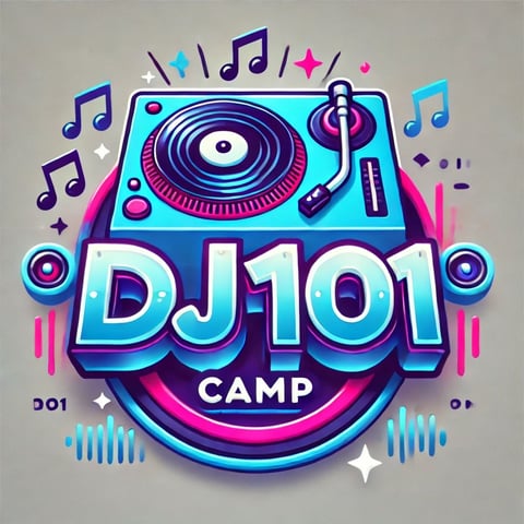 Colorful DJ-101 Camp logo featuring turntable, musical notes, and neon blue and pink design elements