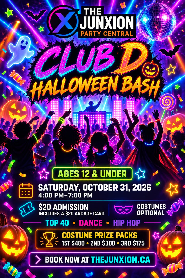 Colorful Halloween party poster for Club D at The Junxion, featuring silhouettes dancing with neon decorations and event details for ages 12 and under on October 31, 2026.