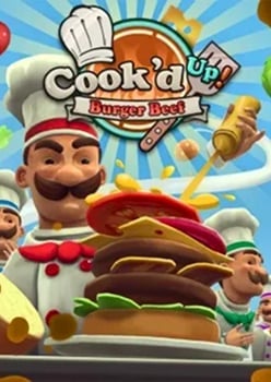 Cookd Up Burger Bash game cover showing a cartoon chef with a chefs hat and mustache displaying stacked burgers with colorful ingredients