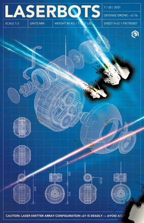 Technical blueprint of Laserbots defense drone showing weapon configuration, laser emitters, and various component schematics on blue grid background