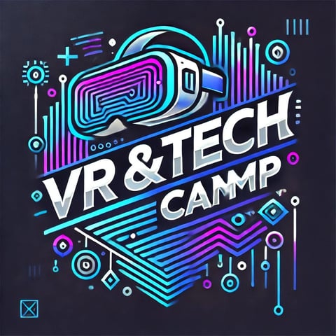VR & Tech Camp logo featuring a neon VR headset with cyan and magenta geometric patterns on dark background