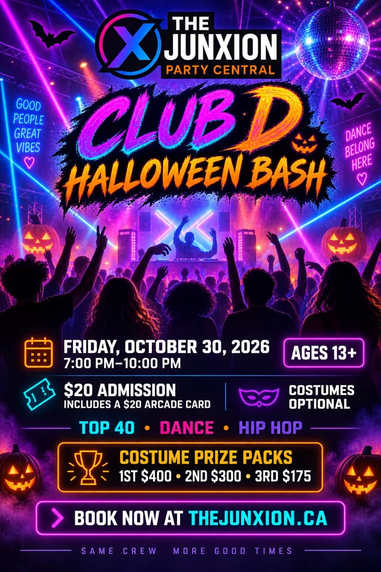 Club D Halloween Bash event poster for October 30, 2026 at The Junxion Party Central with neon lights, dancing crowd, and event details