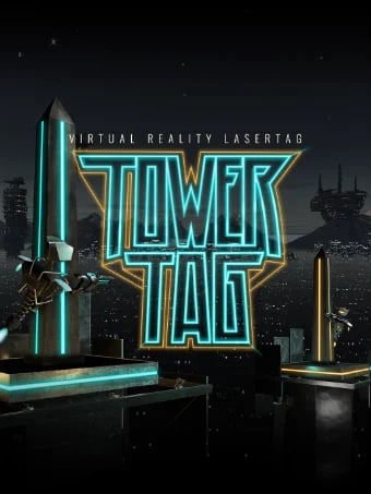 Neon sign reading Tower Tag for virtual reality laser tag game in dark urban setting