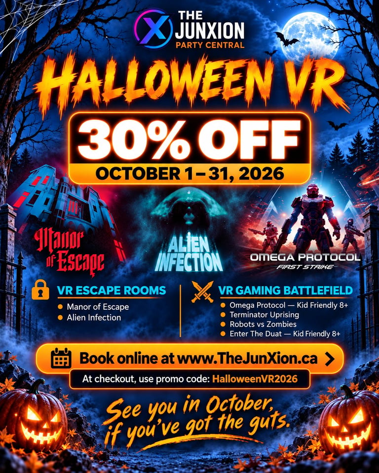 The Junxion Party Central Halloween VR promotional poster advertising 30% off VR escape rooms and gaming experiences from October 1-31, 2026