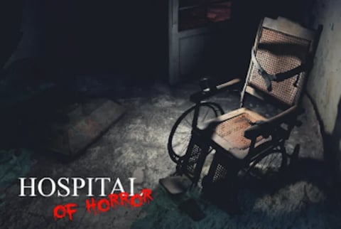 Abandoned hospital room with overturned wheelchair and debris on floor in darkness, Hospital of Horror text overlay