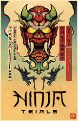 Vintage Japanese poster featuring a red demon mask with horns, green accents, and yellow eyes, with kanji text and winged creatures below