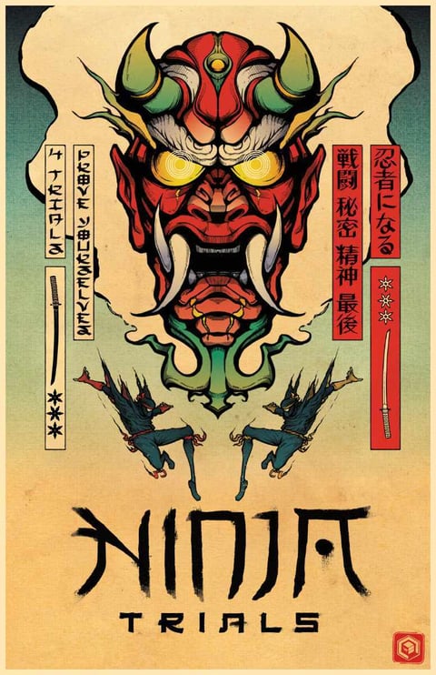 Vintage Japanese poster featuring a red demon mask with horns, green accents, and yellow eyes, with kanji text and winged creatures below