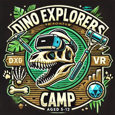Dino Explorers VR Camp logo featuring a dinosaur skull wearing a VR headset, surrounded by bones, fossils, and jungle foliage on a dark background for ages 5-12