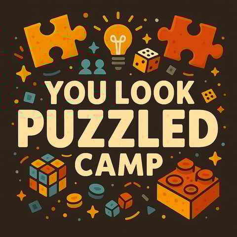 Colorful illustration for You Look Puzzled Camp featuring puzzle pieces, dice, lightbulb, and games on dark background