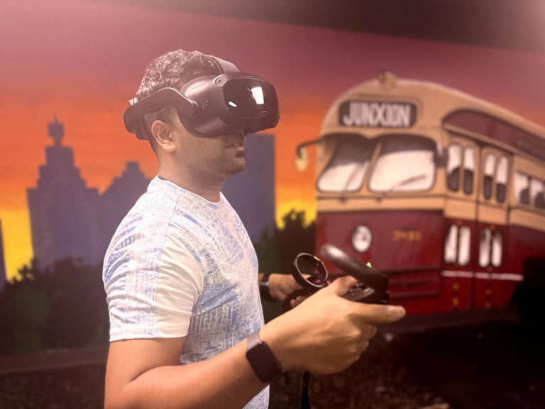 Person wearing VR headset and holding controller, with vintage train and sunset cityscape in background